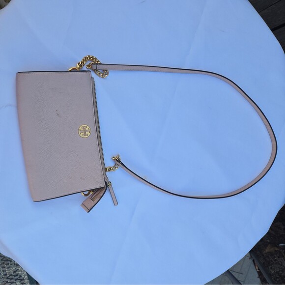 Tory Burch Crossbody Brown Everly Mini Top Zip Gold Details Pink Leather - Picture 5 of 10